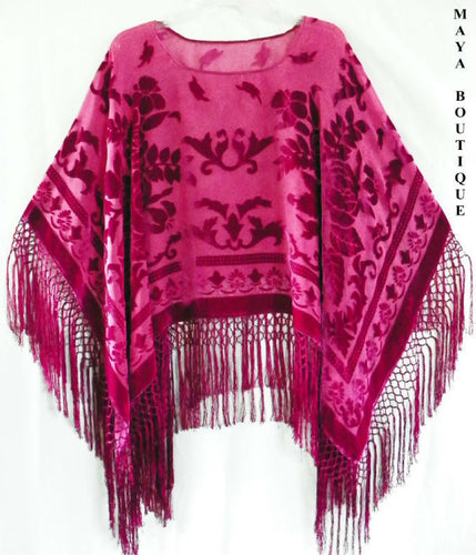 Silk Burnout Velvet Poncho Top Fringe Shawl Maya Matazaro MAGENTA