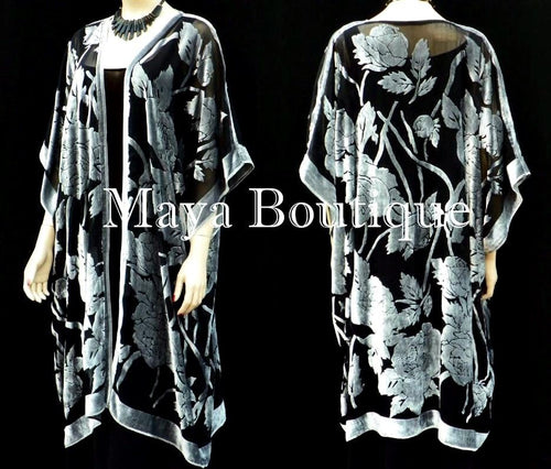 Maya Matazaro Silk Burnout Velvet Opera Coat Kimono Silver Black No Fringe USA