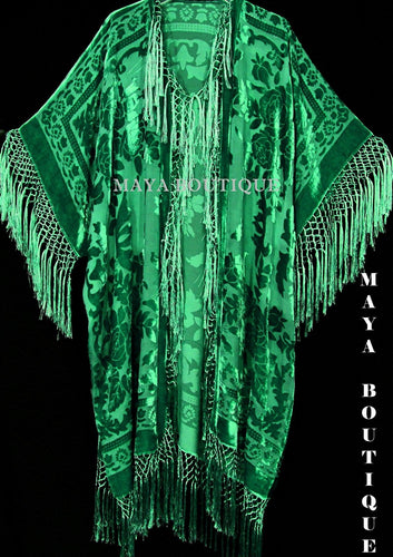 Emerald Green Silk Burnout Velvet Fringe Jacket Kimono Duster Maya Matazaro Plus