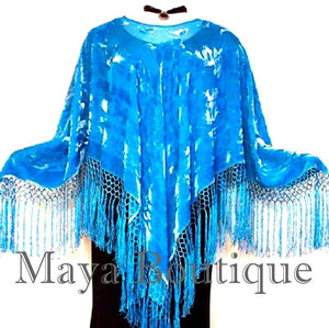 Silk Burnout Velvet Poncho Top Piano Shawl Light Turquoise Maya Poncho