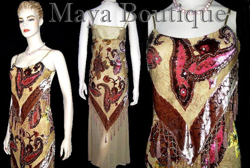 MAYA BEADED SILK DRESS FLAPPER STYLE BURNOUT VELVET PAISLAYS M