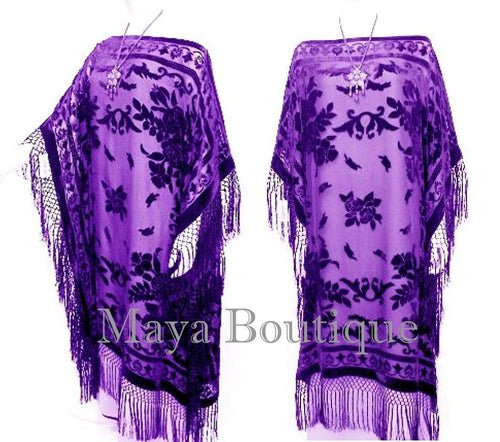 Purple Silk Burnout Velvet Caftan Dress Duster Fringe Kimono Maya Matazaro USA