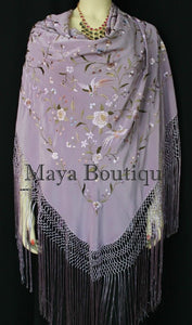 Flamenco Embroidered Silk Piano Shawl Wrap Lilac Multi Flower & Birds 84" Maya