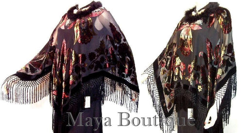 BURNOUT VELVET PONCHO SHAWL TOP CAPE ORIGINAL MAYA MATAZARO FEATHERS TRIM