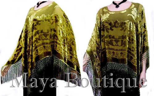 OLIVE GREEN SILK BURNOUT VELVET PONCHO SHAWL TOP MAYA MATAZARO