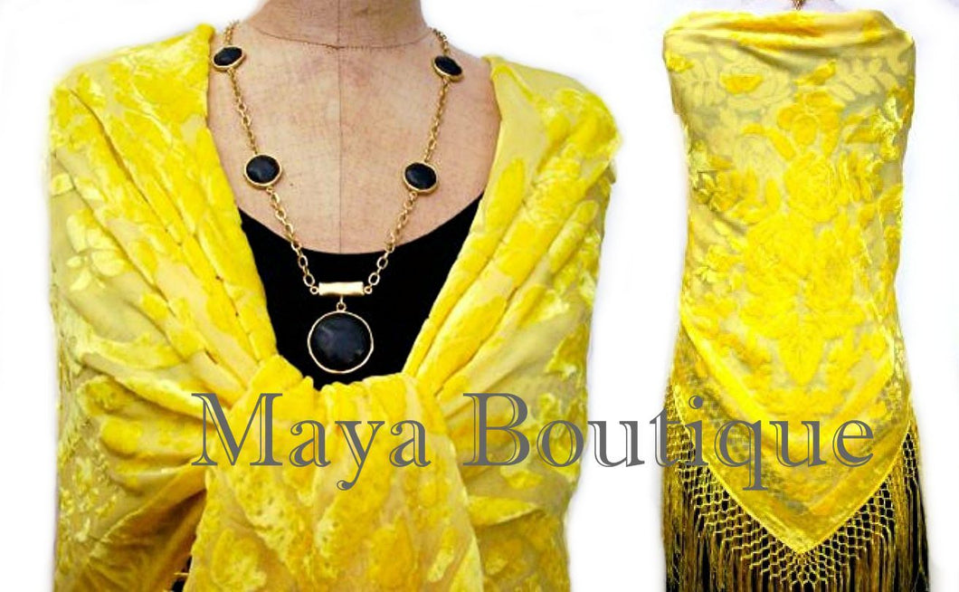 Buttercup Yellow Burnout Velvet Piano Shawl Wrap With Fringes Maya Matazaro