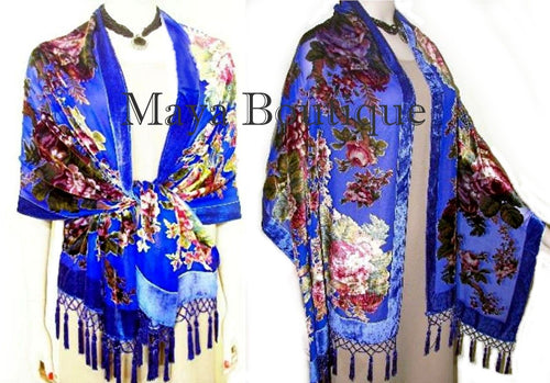 BLUE ENGLISH ROSE SILK WRAP SCARF SHAWL BEADED FRINGES MAYA MATAZARO