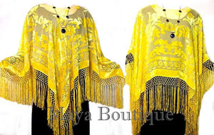 Canary Yellow Poncho Fringe Shawl Top Silk Burnout Velvet Maya Matazaro