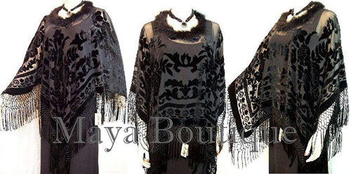 MAYA MATAZARO BLACK VELVET & FEATHERS TRIM PONCHO SHAWL TOP CAPE