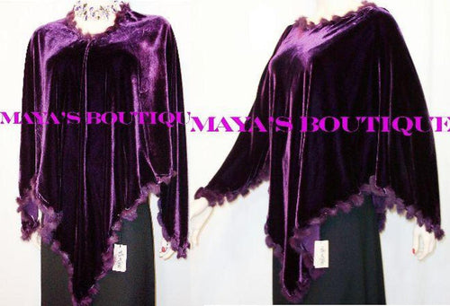 RABBIT FUR TRIM SILK VELVET PONCHO SHAWL TOP PLUM Maya Poncho