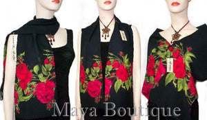 Scarf Red Gypsy Roses Georgette with Fringes Maya Matazaro USA Made