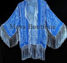 Maya Matazaro Sky Blue Silk Burnout Velvet Fringe Jacket Short Kimono