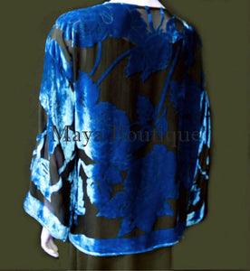 Silk Burnout Velvet Jacket Short Kimono Blue & Black No Fringe Maya Matazaro