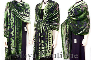 Maya Matazaro Silk Opera Shawl Wrap Scarf Burnout Velvet Green Oblong XL 110"
