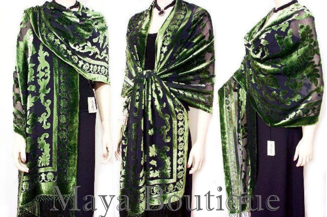 Maya Matazaro Silk Opera Shawl Wrap Scarf Burnout Velvet Green Oblong XL 110