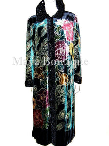 Opera Coat Duster Silk Velvet Black Multi Long S/M Maya Matazaro Art To Wear