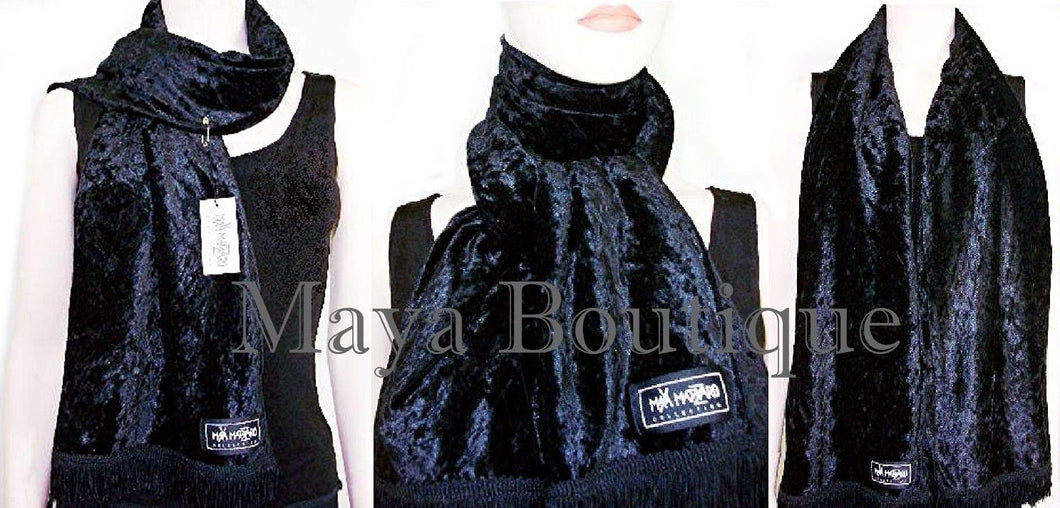 Black Crush Velvet Scarf With Fringes Maya Matazaro MADE IN USA