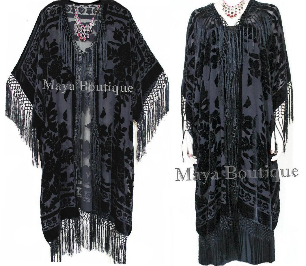Black Kimono Fringe Jacket Opera Coat Silk Burnout Velvet Maya Matazaro