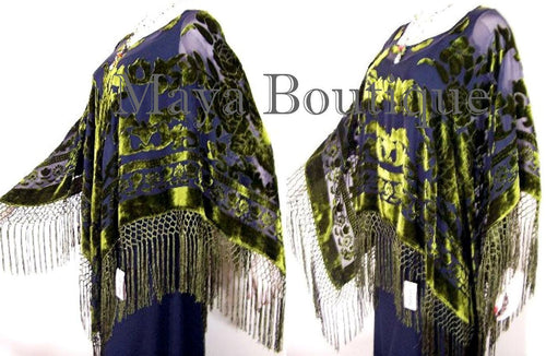 Silk Burnout Velvet Poncho Shawl Top Black & Olive Green Maya Matazaro