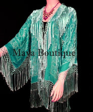 Maya Matazaro Silk Burnout Velvet Fringe Jacket Short Kimono Tiffany Green