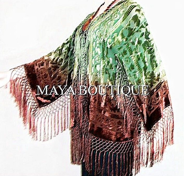 Burnout Velvet Fringe Jacket Kimono Short Hand dyed Maya Jacket Brown Green