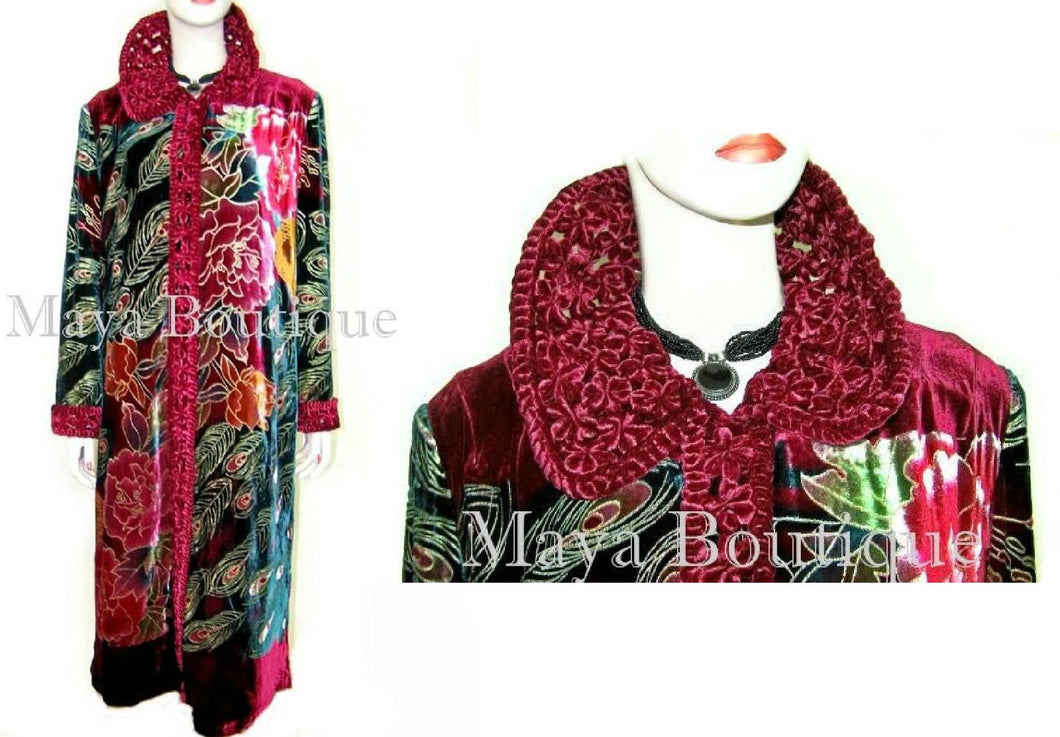 Opera Coat Duster Wearable Art Silk Velvet Peacock Red Multi Long Lined XL / 1X