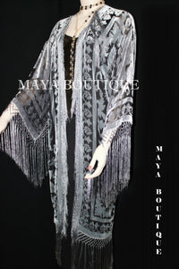 Silver & Black Silk Burnout Velvet Fringes Jacket Kimono Long Coat Maya Matazaro