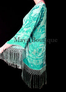Maya Matazaro Silk Burnout Velvet Fringe Jacket Short Kimono Tiffany Green