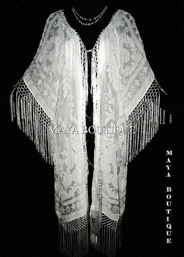 Silk Burnout Velvet Fringe Jacket Kimono IVORY NEW PLUS