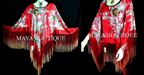 RED SILK PONCHO TOP PAINTED DANCING FRINGES MAYA MATAZARO NEW
