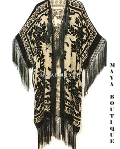 Fringe Jacket Kimono Duster Silk Burnout Velvet Taupe Black Maya Matazaro Plus