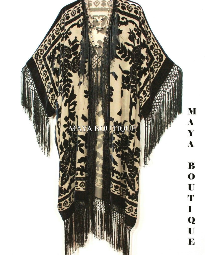 Fringe Jacket Kimono Duster Silk Burnout Velvet Taupe Black Maya Matazaro Plus