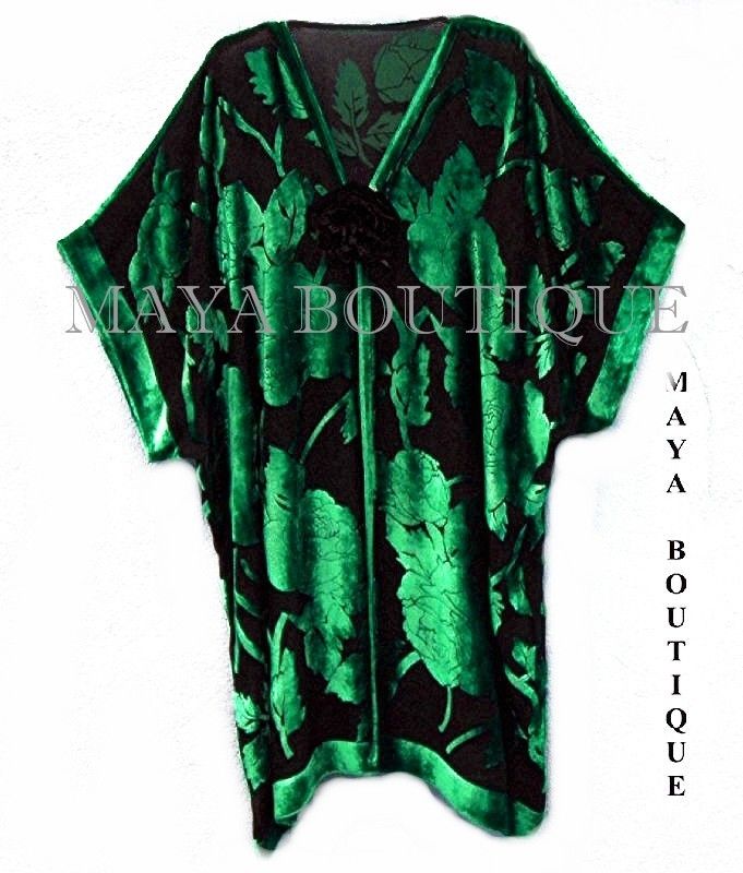Silk Burnout Velvet Jacket Kimono Duster Green & Black No Fringe Maya Matazaro