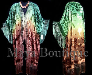 Silk Fringe Jacket Kimono Duster Caftan Hand Dyed by Maya Matazaro Green Brown